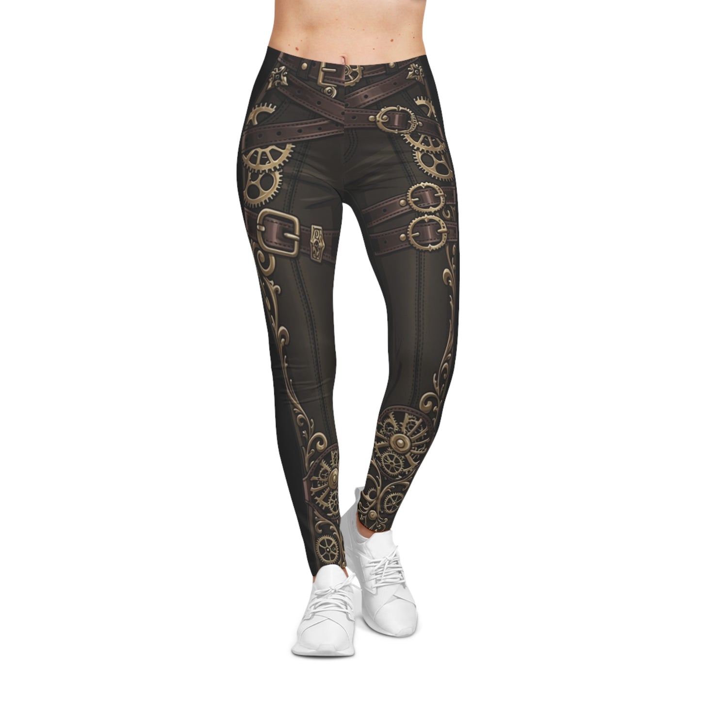Steampunk Gear & Leather Strap Leggings — Women’s Gothic Cosplay