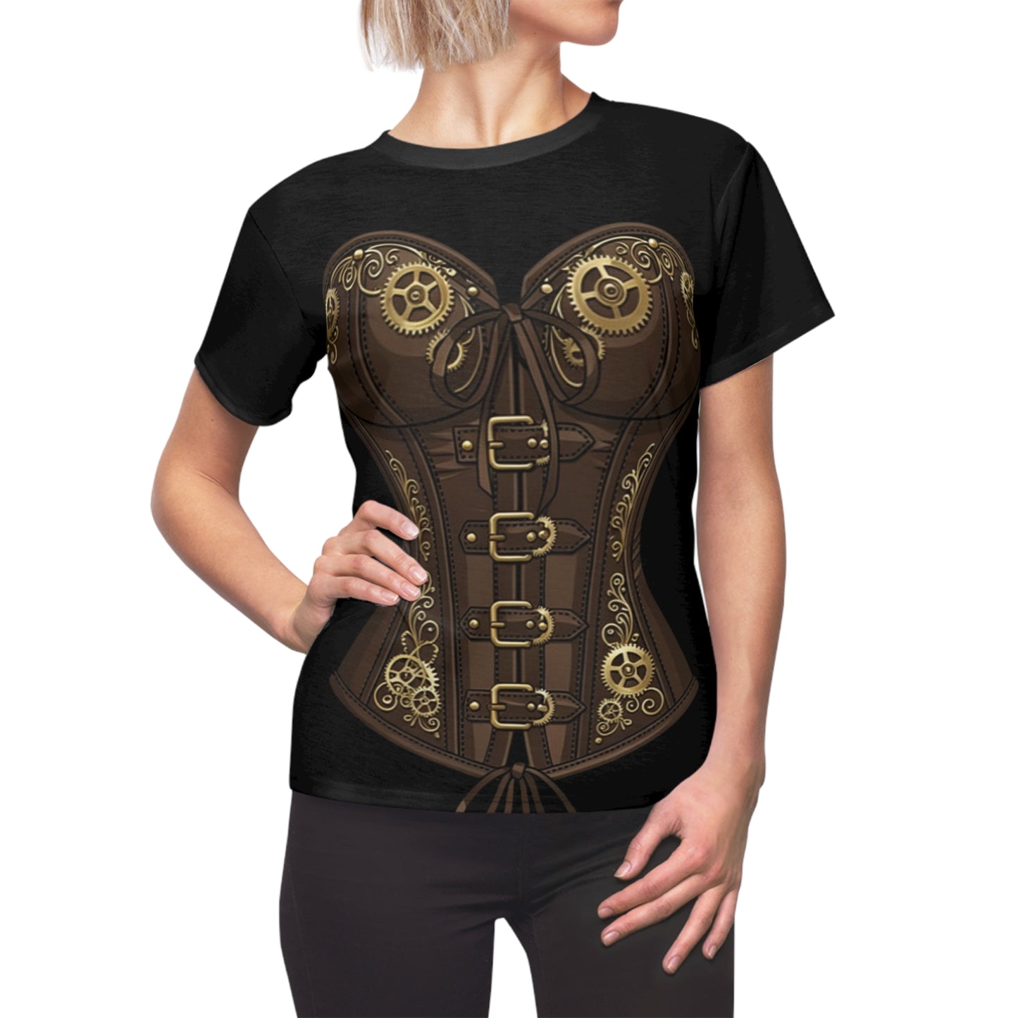 Steampunk Clockwork Leather print Corset Graphic Tee